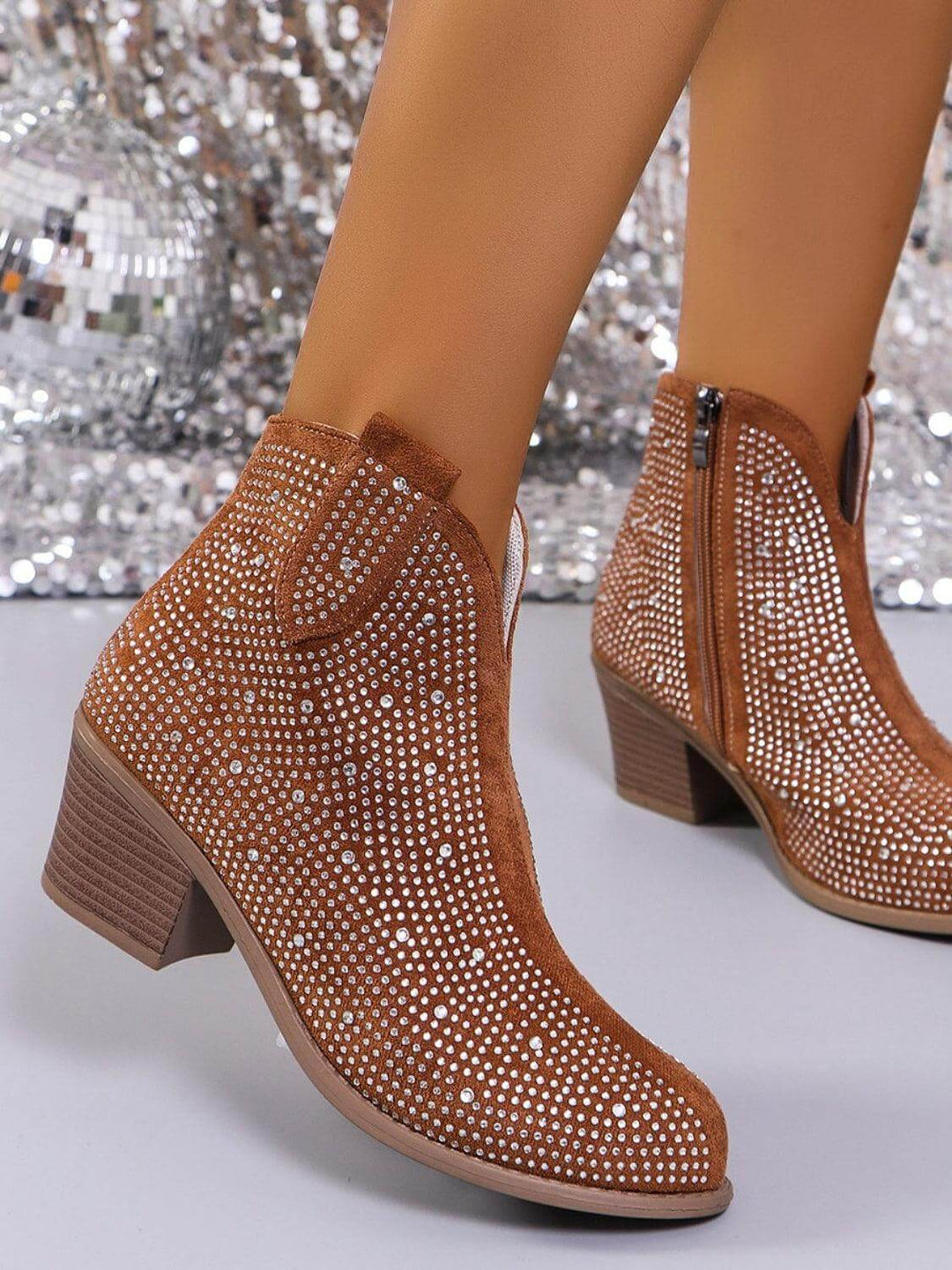 Rhinestone Pointed Toe Block Heel Boots