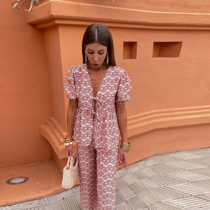 Women's Boho Puff Sleeves & Wide-Leg Pants