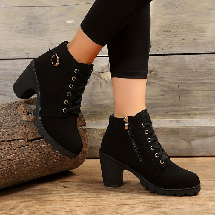Women's Block Heel Ankle Boots with Buckle Detail