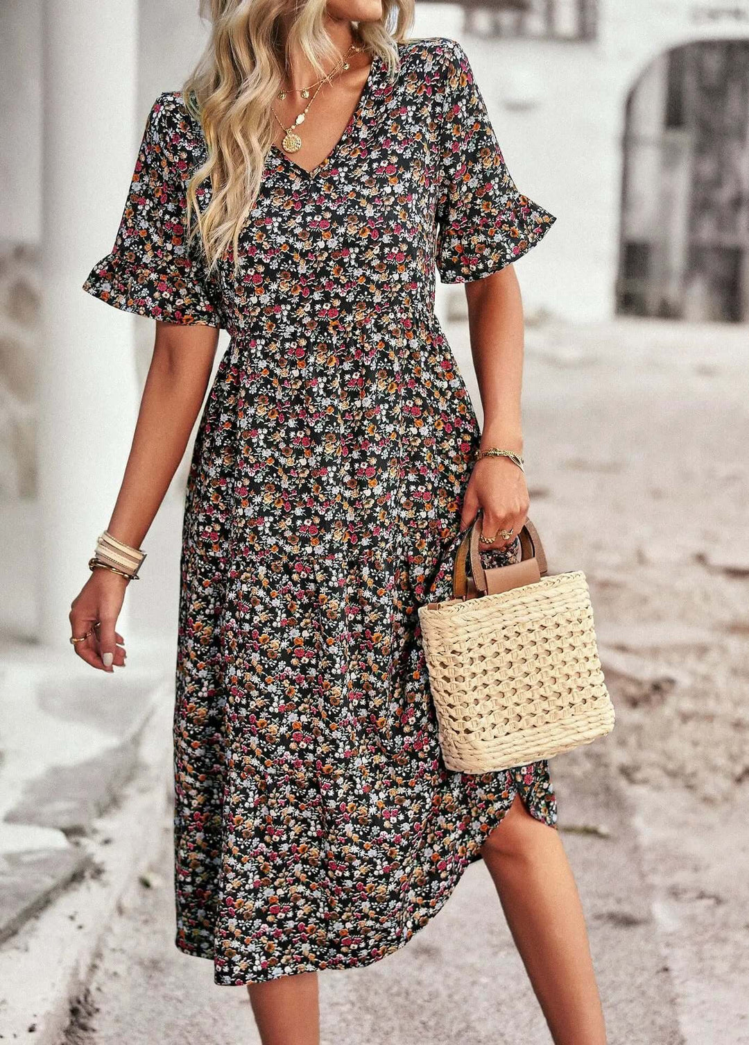 Floral Print V-Neck Dress
