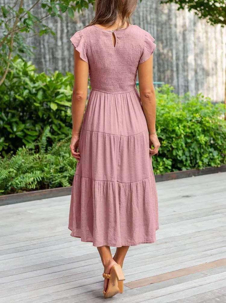Women's Tiered Midi Dress with Flutter Sleeves