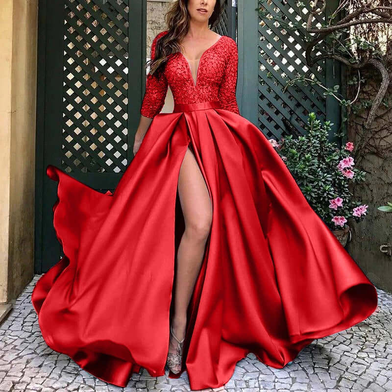 Elegant A-Line Lace Evening Gown with V-Neck & High Slit