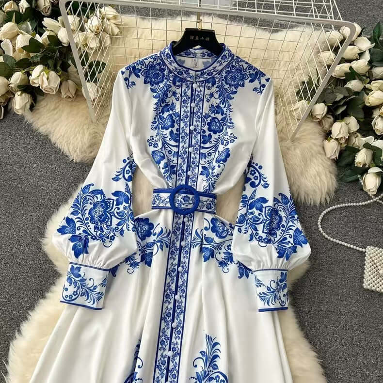 Printed Belted Flare Midi Dress