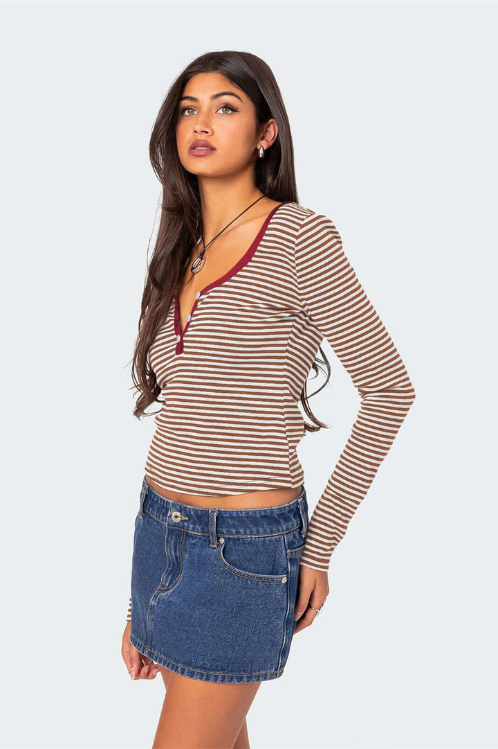 Women's Striped V-Neck Henley Top