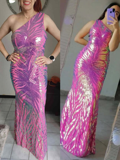 Sequin One-Shoulder Mermaid Evening Gown