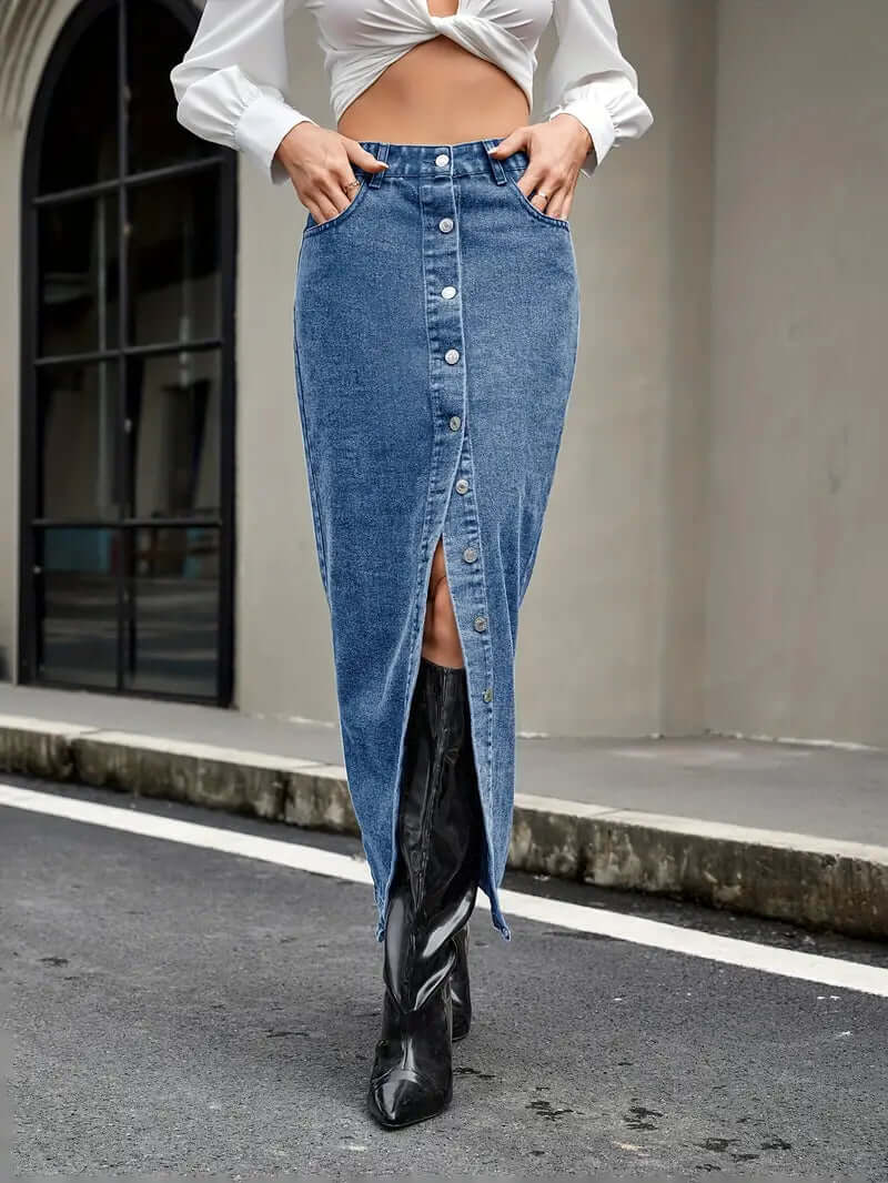 Women's High-Waist Denim Midi Skirt with Front Slit