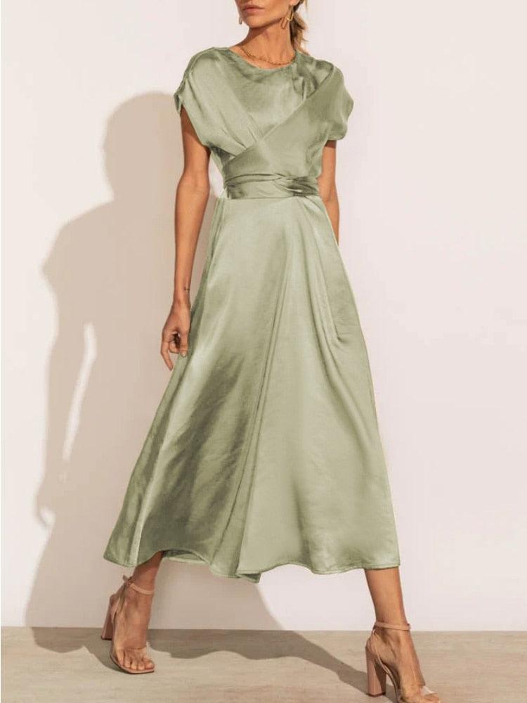Satin Embroidered Midi Dress for Women