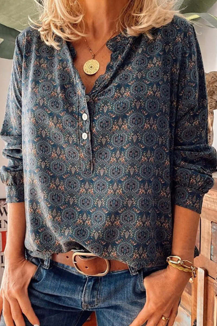 Printed Women's Casual Blouse with Cutout Neckline