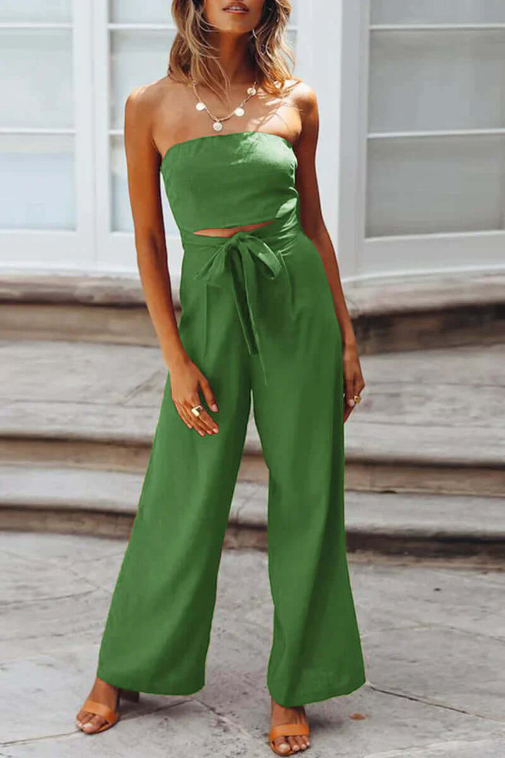 Women's Strapless Wide Leg Jumpsuit with Tie Waist