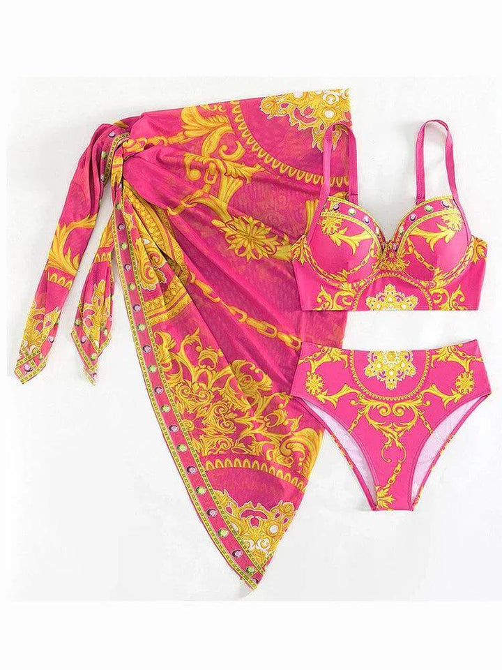 Bohemian High-Waist Bikini Set with Cover-Up