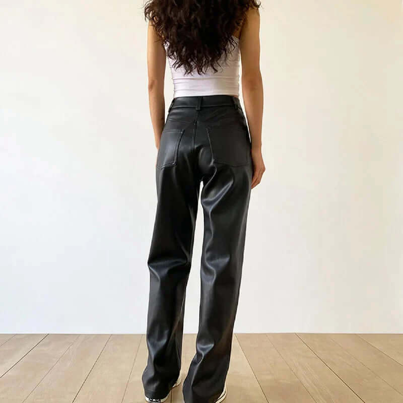 Women's High-Waist Straight Leg Vintage Leather Pants