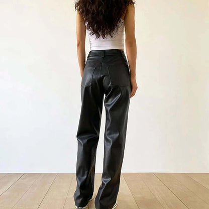 Women's High-Waist Straight Leg Vintage Leather Pants