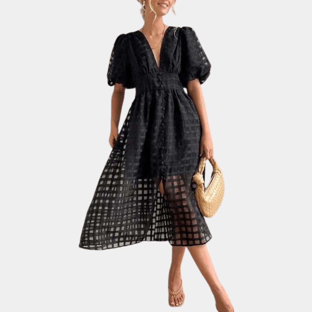 Checkered Sheer Midi Dress with Puff Sleeves - Women's