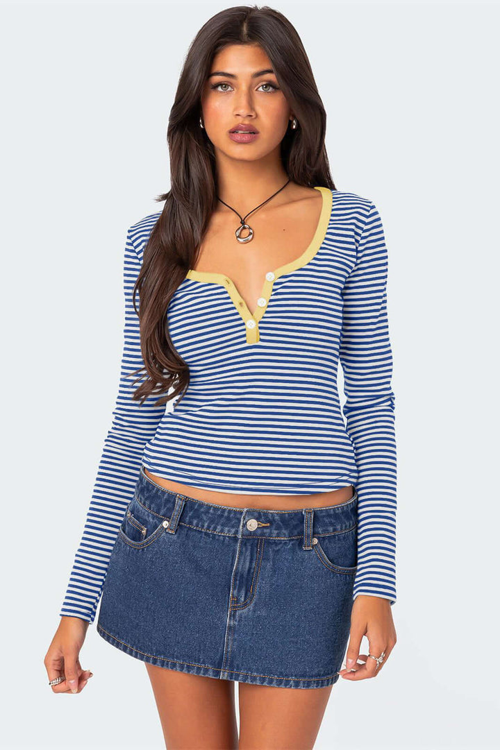 Women's Striped V-Neck Henley Top