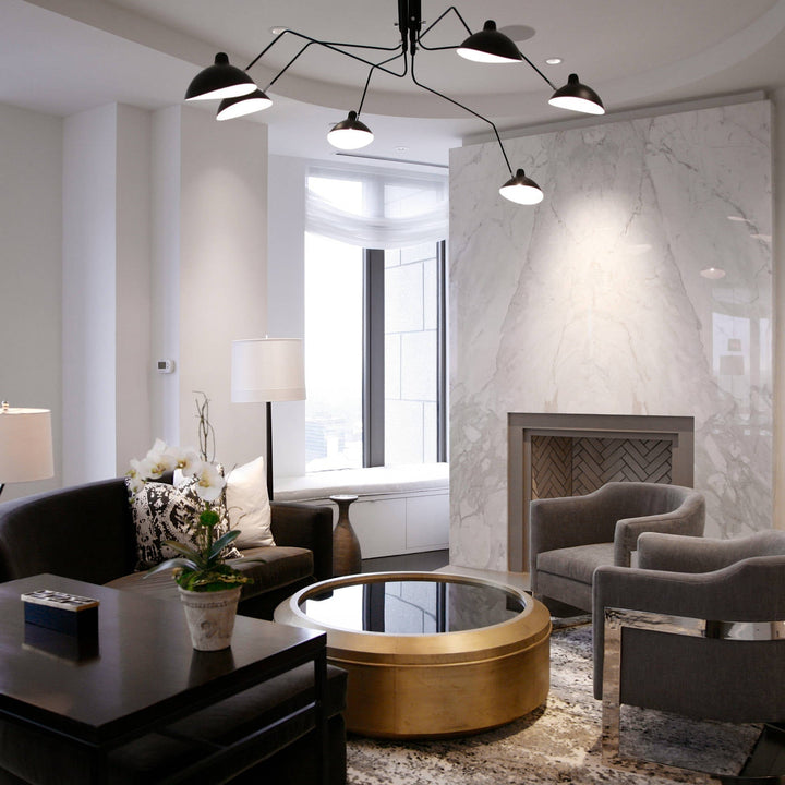 "Adjustable ceiling light with multiple arms, minimalist design, ideal for modern interiors, made of steel and aluminium."