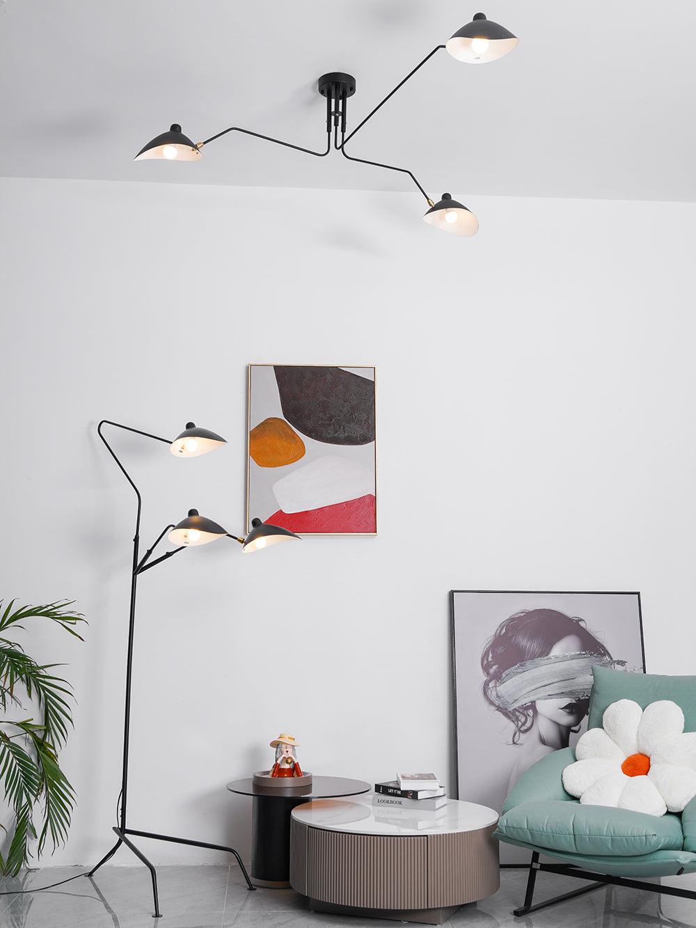 "Adjustable ceiling light with multiple arms, minimalist design, ideal for modern interiors, made of steel and aluminium."