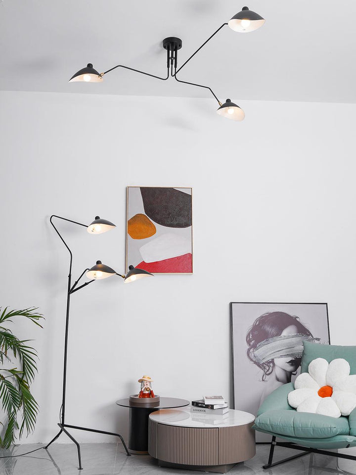 "Adjustable ceiling light with multiple arms, minimalist design, ideal for modern interiors, made of steel and aluminium."