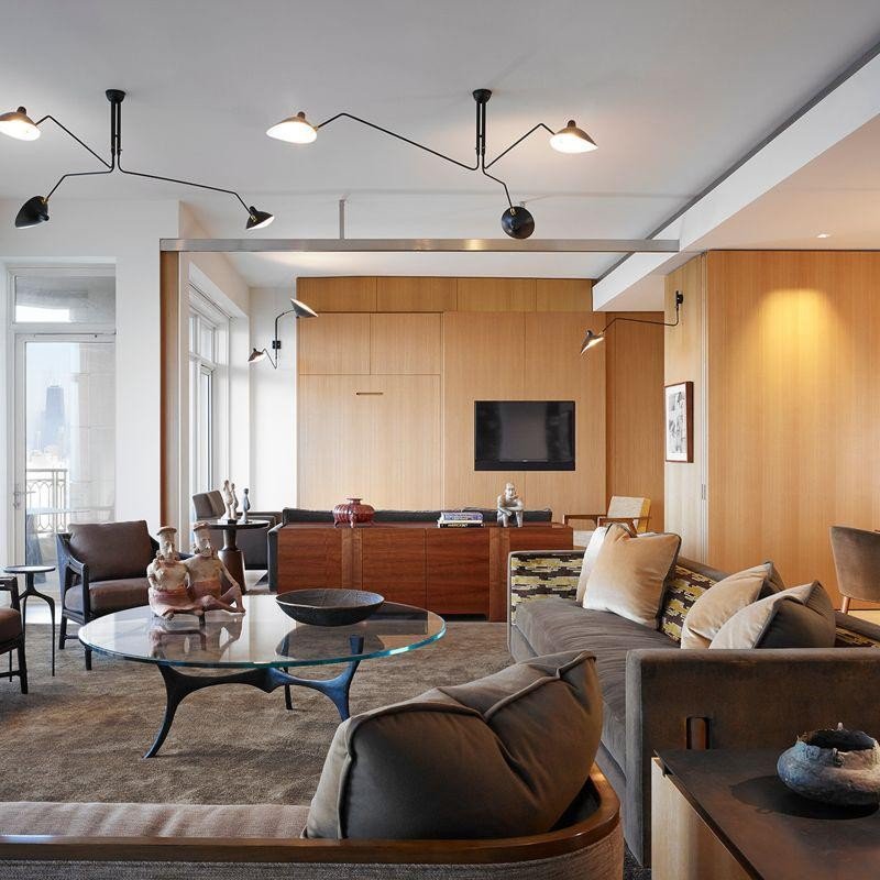 "Adjustable ceiling light with multiple arms, minimalist design, ideal for modern interiors, made of steel and aluminium."