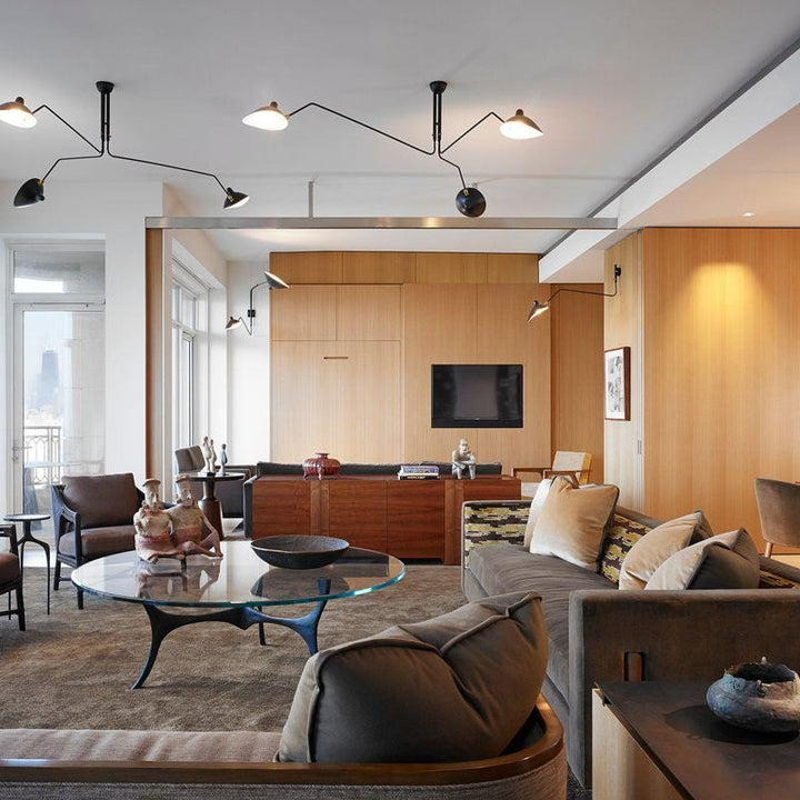 "Adjustable ceiling light with multiple arms, minimalist design, ideal for modern interiors, made of steel and aluminium."