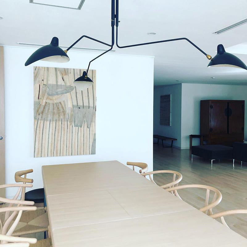 "Adjustable ceiling light with multiple arms, minimalist design, ideal for modern interiors, made of steel and aluminium."