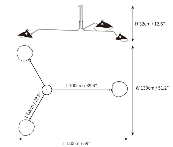 "Adjustable ceiling light with multiple arms, minimalist design, ideal for modern interiors, made of steel and aluminium."