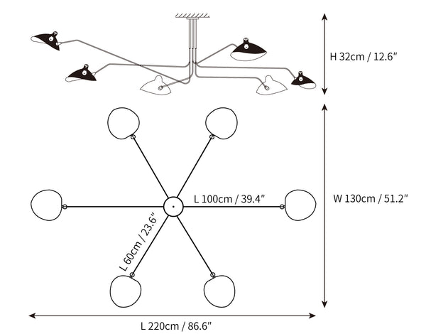 "Adjustable ceiling light with multiple arms, minimalist design, ideal for modern interiors, made of steel and aluminium."