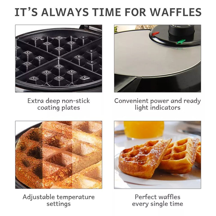 "Adjustable deep-fill non-stick Belgian waffle maker with temperature control, compact design, and easy-to-clean surface."
