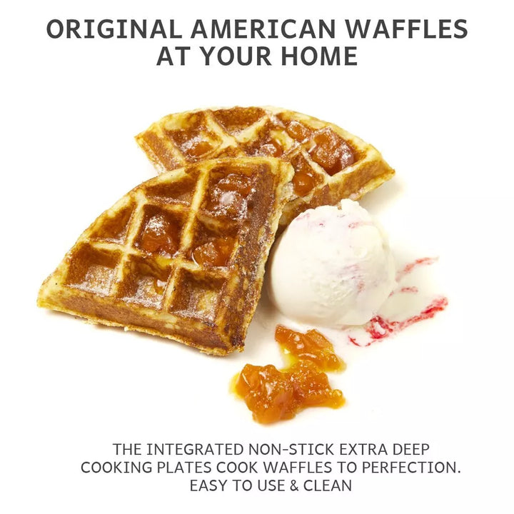 "Adjustable deep-fill non-stick Belgian waffle maker with temperature control, compact design, and easy-to-clean surface."