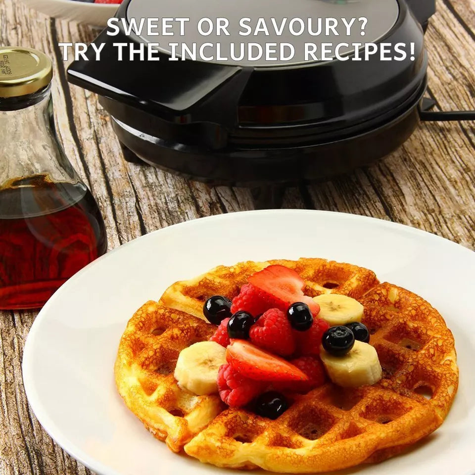 "Adjustable deep-fill non-stick Belgian waffle maker with temperature control, compact design, and easy-to-clean surface."