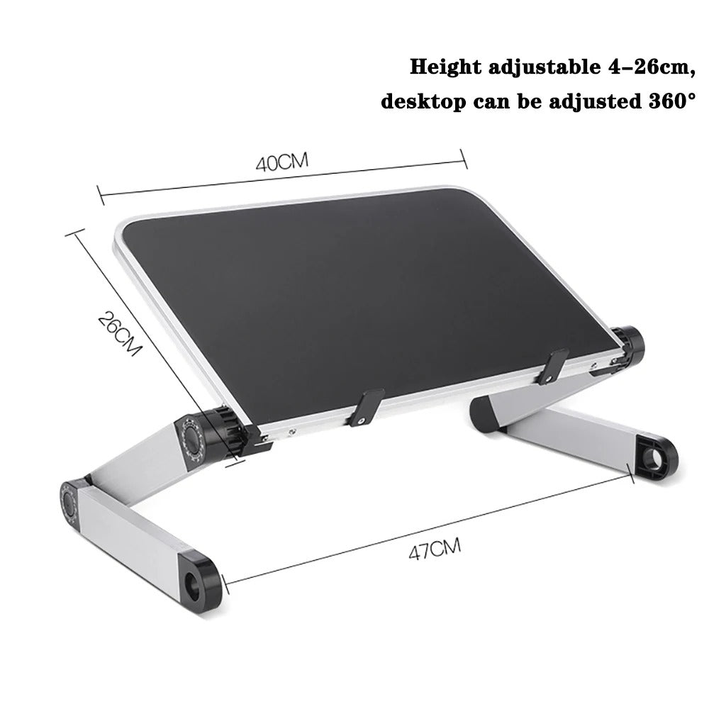Adjustable ergonomic laptop stand with flexible height and angle. Features venting design, suitable for home or office use.