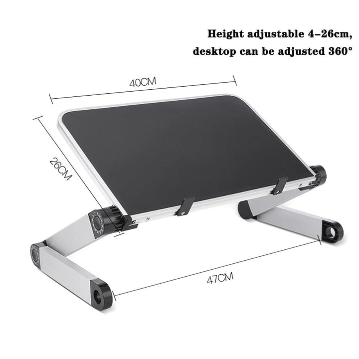 Adjustable ergonomic laptop stand with flexible height and angle. Features venting design, suitable for home or office use.