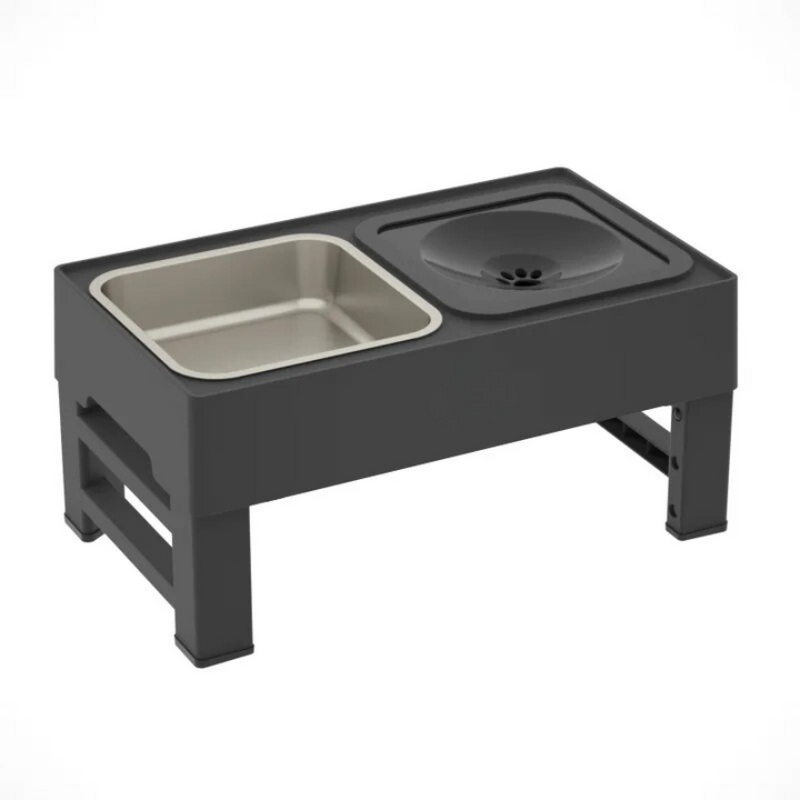 "Adjustable pet feeding station with stainless bowl, slow feeder, ergonomic height settings, durable and dishwasher-safe."
