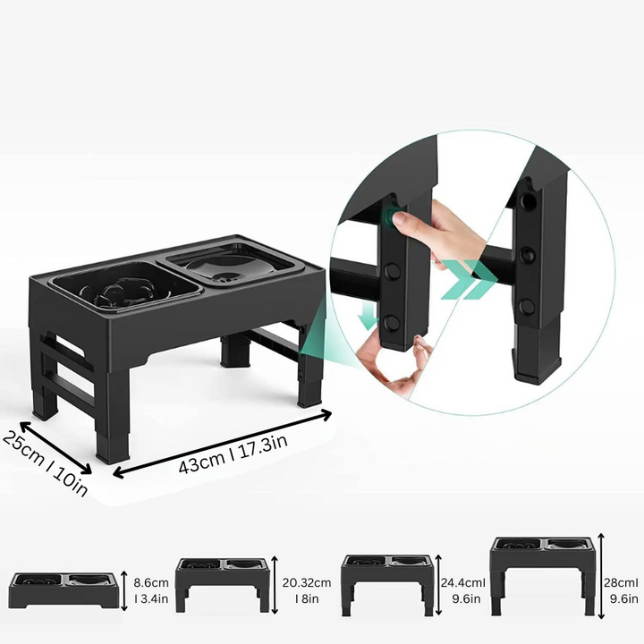 "Adjustable pet feeding station with stainless bowl, slow feeder, ergonomic height settings, durable and dishwasher-safe."