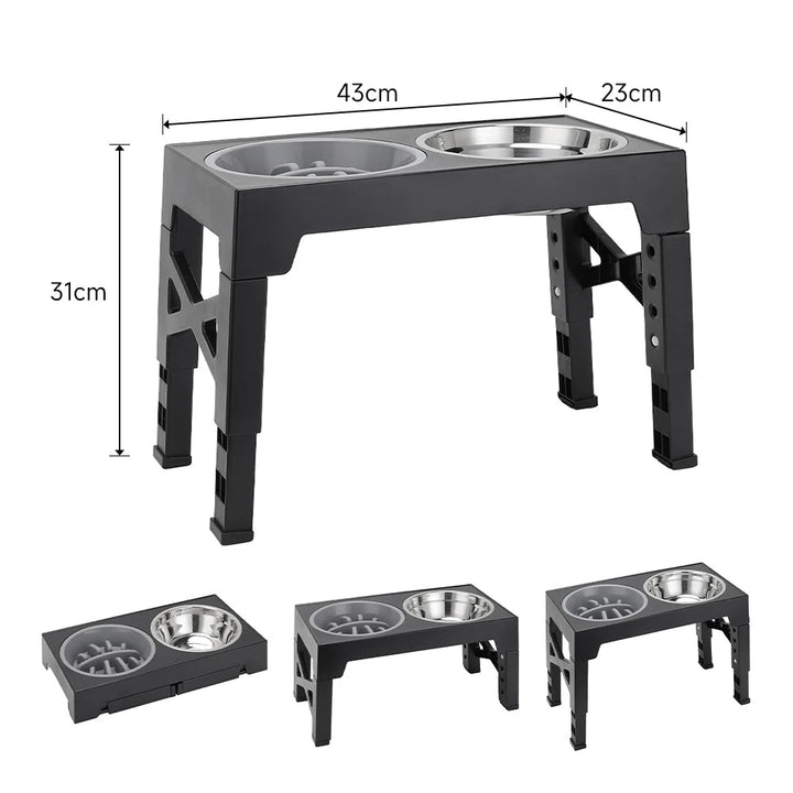 "Adjustable tilt raised dog bowl stand with stainless and slow-feed bowls, ergonomic design for comfortable pet feeding."