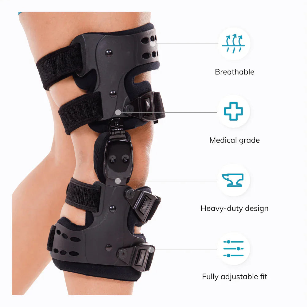 "Adjustable Unloader Knee Brace for Osteoarthritis, black with medial and lateral support, universal fit for men and women."