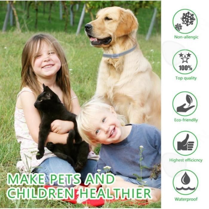 "Adjustable waterproof flea and tick collar for cats and dogs, featuring natural essential oils and eco-friendly design."