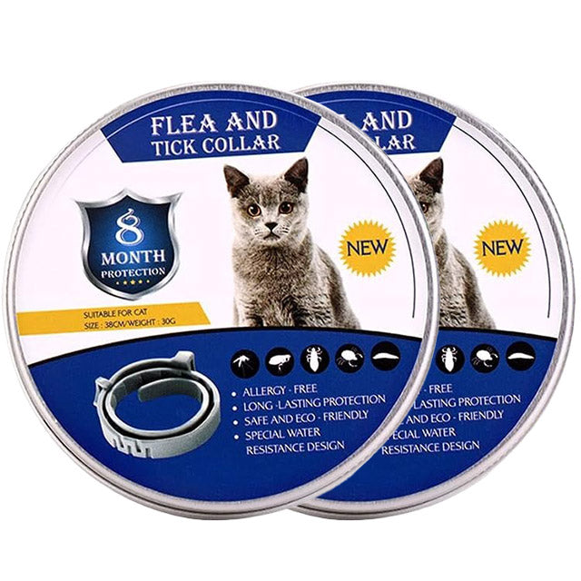 "Adjustable waterproof flea and tick collar for cats and dogs, featuring natural essential oils and eco-friendly design."