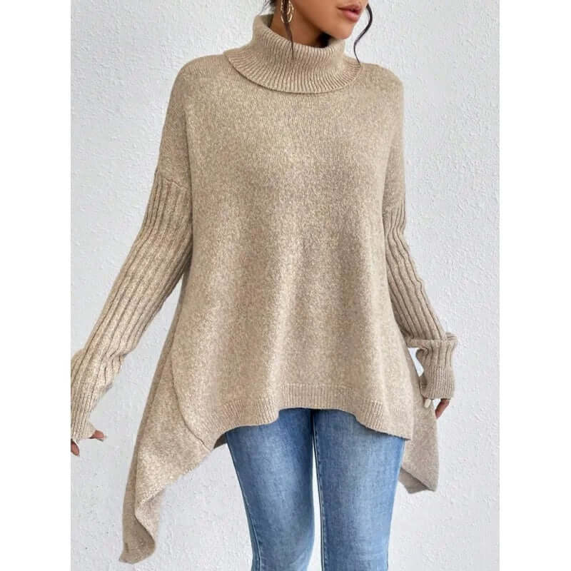 Cotton Asymmetric Hem Turtle Neck Sweater