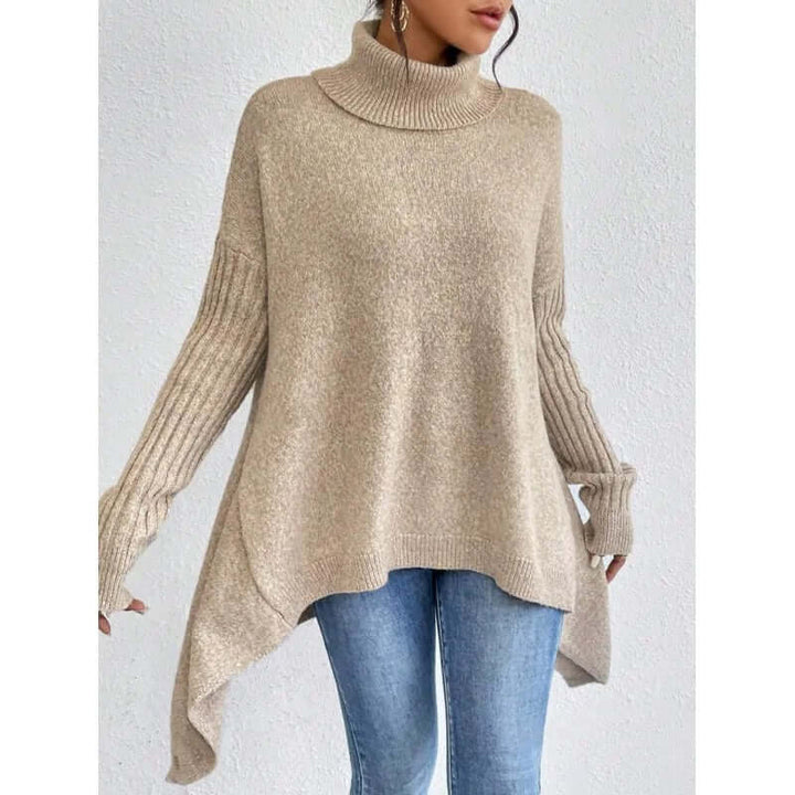 Cotton Asymmetric Hem Turtle Neck Sweater