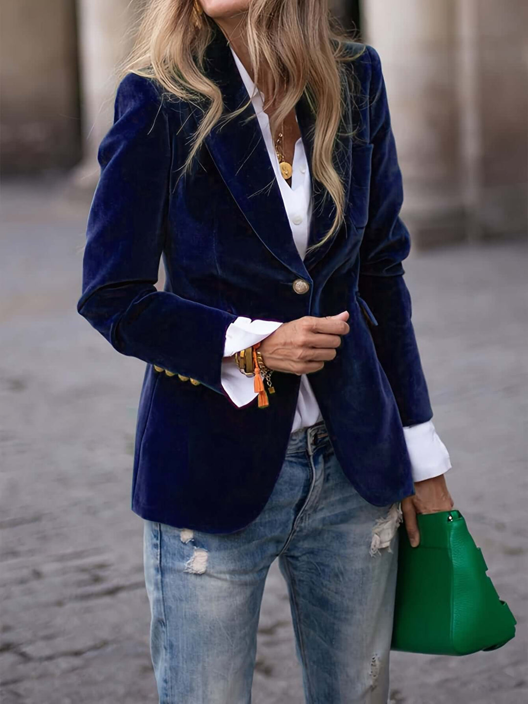 Women's Green Velvet Blazer with Golden Buttons
