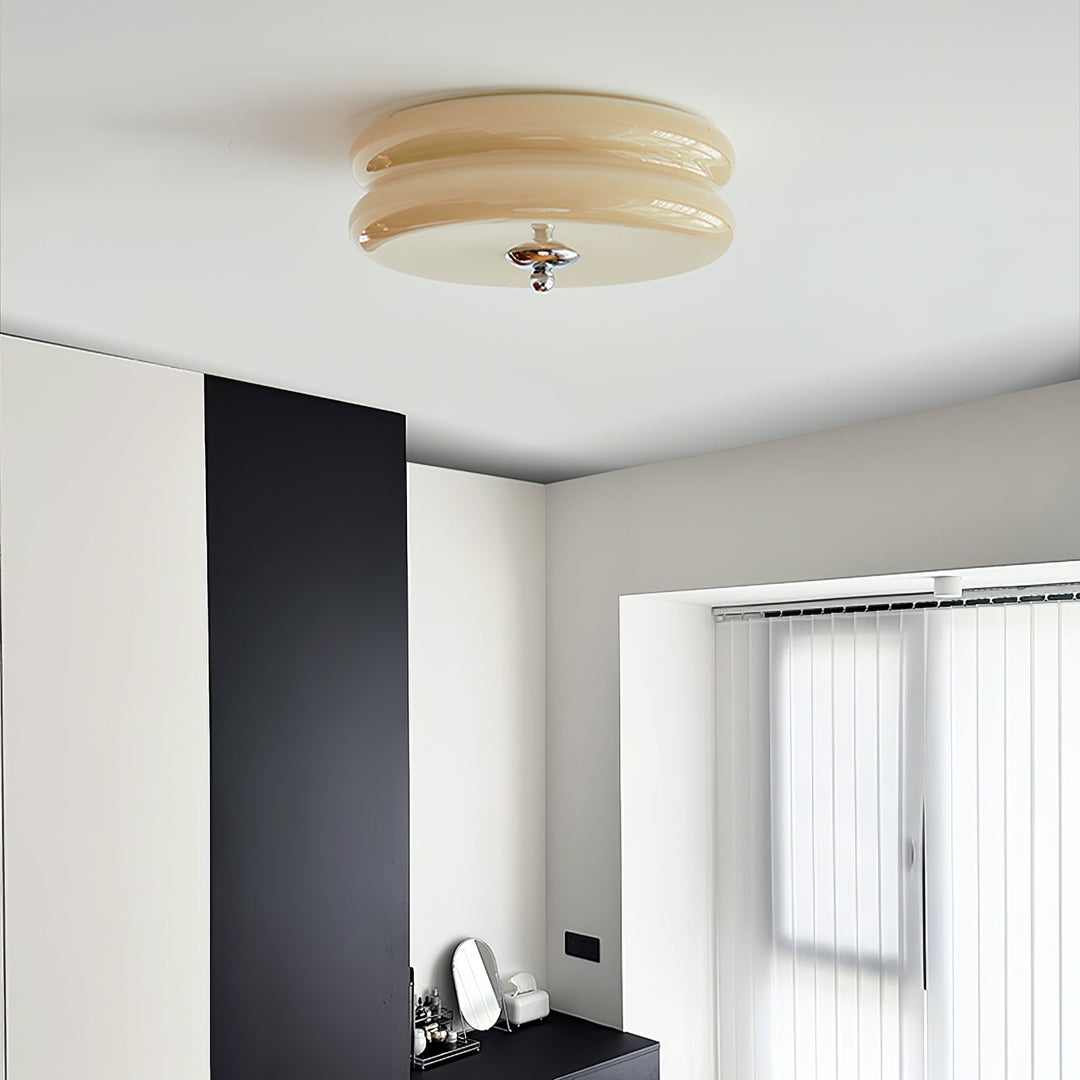 "Art Deco ceiling light with integrated LED, featuring geometric design in iron, metal, and glass for vintage elegance."