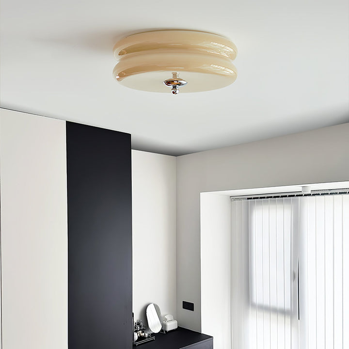 "Art Deco ceiling light with integrated LED, featuring geometric design in iron, metal, and glass for vintage elegance."