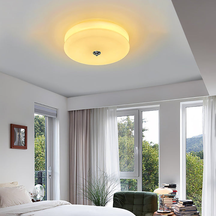 "Art Deco ceiling light with integrated LED, featuring geometric design in iron, metal, and glass for vintage elegance."