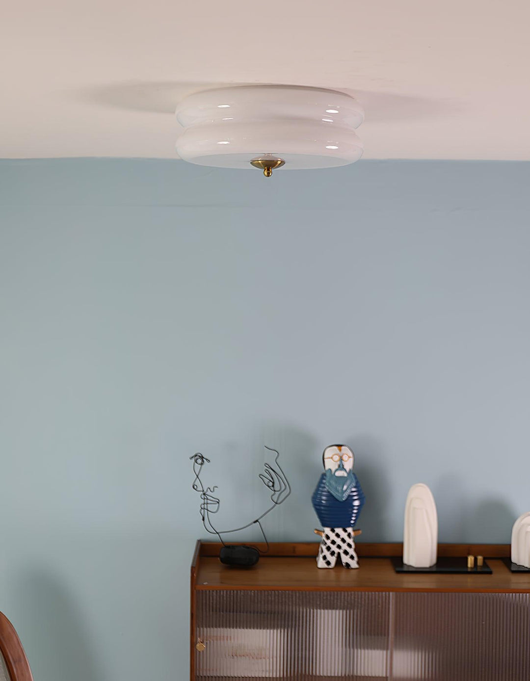 "Art Deco ceiling light with integrated LED, featuring geometric design in iron, metal, and glass for vintage elegance."