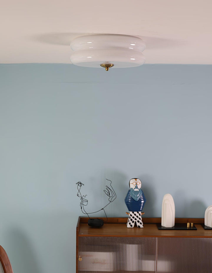 "Art Deco ceiling light with integrated LED, featuring geometric design in iron, metal, and glass for vintage elegance."