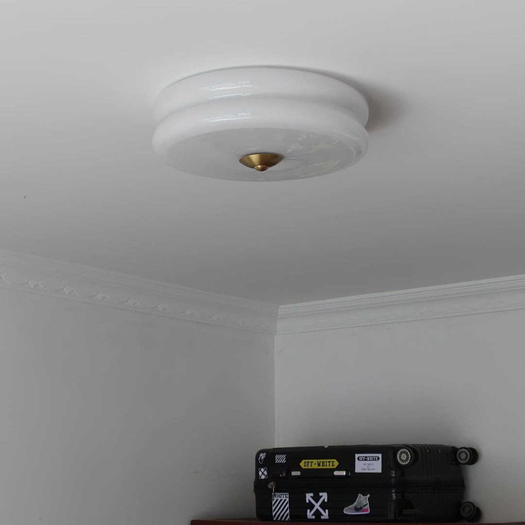 "Art Deco ceiling light with integrated LED, featuring geometric design in iron, metal, and glass for vintage elegance."