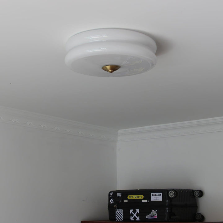 "Art Deco ceiling light with integrated LED, featuring geometric design in iron, metal, and glass for vintage elegance."