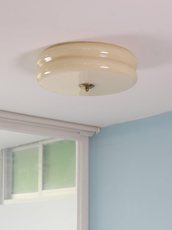 "Art Deco ceiling light with integrated LED, featuring geometric design in iron, metal, and glass for vintage elegance."