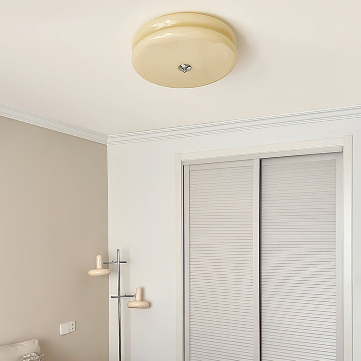 "Art Deco ceiling light with integrated LED, featuring geometric design in iron, metal, and glass for vintage elegance."