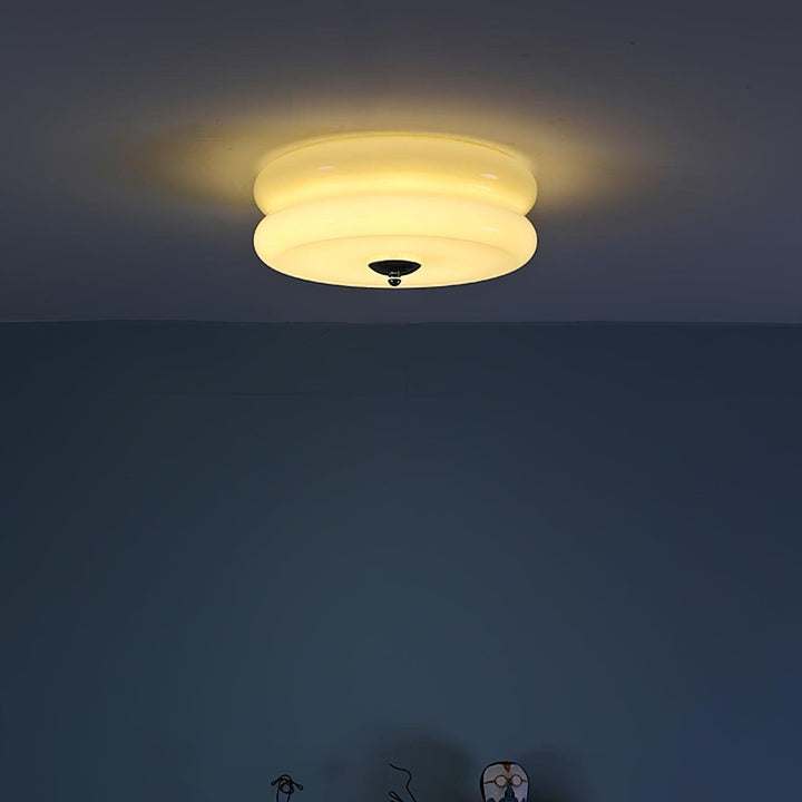 "Art Deco ceiling light with integrated LED, featuring geometric design in iron, metal, and glass for vintage elegance."